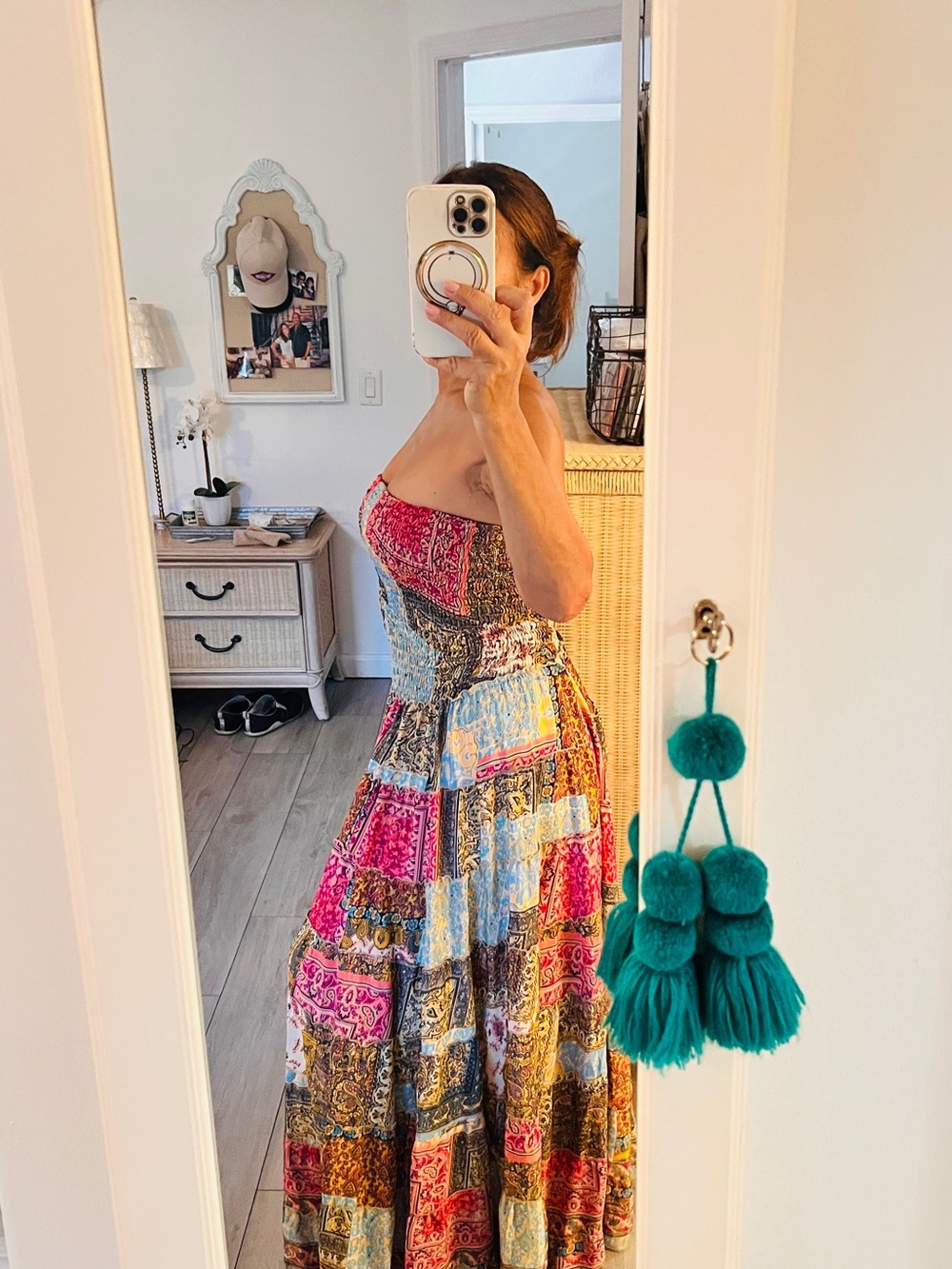Boho Patchwork Print Strapless Maxi Dress in Pink & Blue